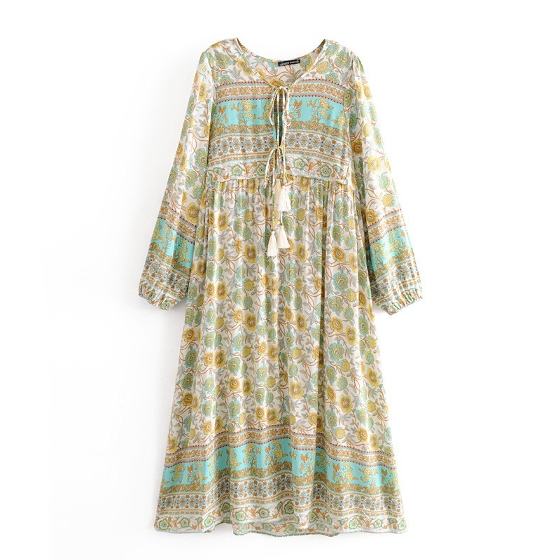 Bohemia Lacing up V neck Location Big Flower Print Long Dress BOHO Woman Sleeve Tassel Strappy Holiday Dresses Beach 210429