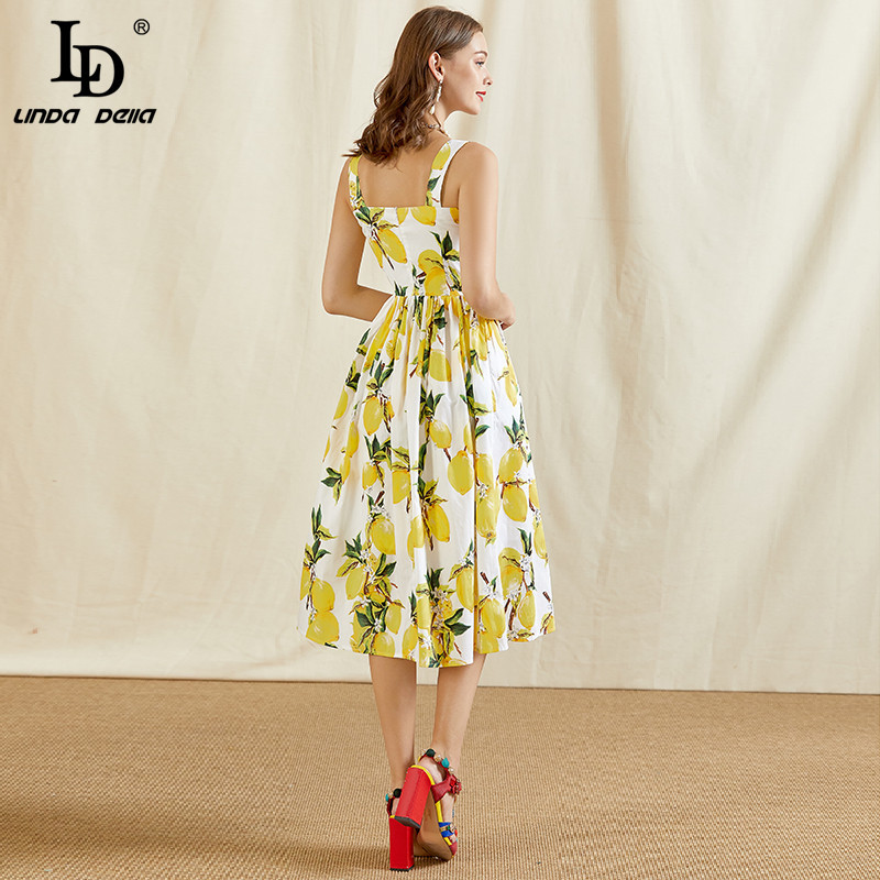 Fashion Runway Summer Dress Women's Spaghetti Strap Button Yellow Lemon Print Vacation Party Elegant 210522