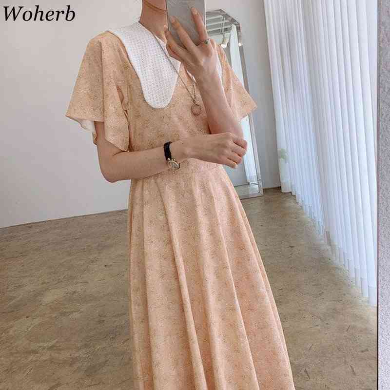 Summer Floral Print Korean Chic Style Peter Pan Collar Short Sleeve Ladies Dress Casual Long All Match Vestidos 210519