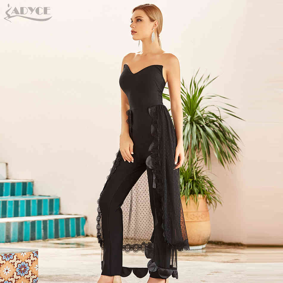 Bandage Jumpsuits For Women Black Bodycon Club Sexy Stapless Lace Bodysuit Romper Long Pants 210423