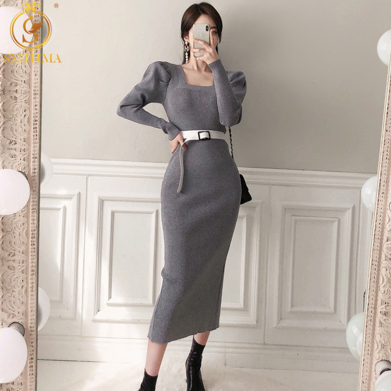 Winter Korean Style Slim Temperament Long Knitted Sweater Dresses Square Neck Sexy Split Puff Sleeve Vestido Da Festa 210520, Photo color
Winter Korean Style Slim Temperament Long Knitted Sweater Dresses Square Neck Sexy Split Puff Sleeve Vestido Da Festa 210520, Photo color