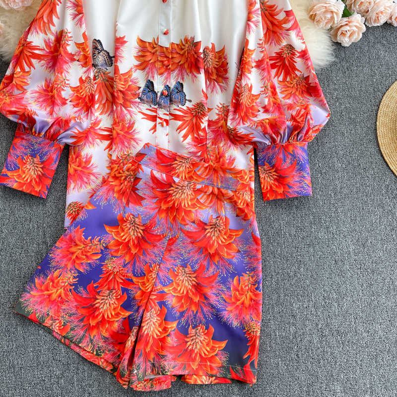 DEAT Women High Waist Wide Leg Shorts Print Lantern Sleeve Shirt Two Piece Set Fashion Spring Summer 11B508 210709