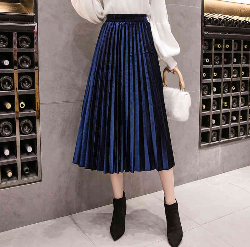 Gold Velvet Skirt Women's Autumn and Winter A-line Mid-length Pleated High Waist All-match Long 210514