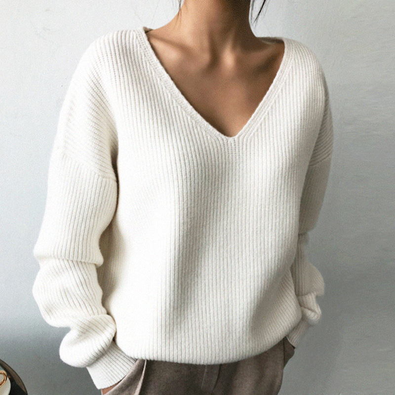 v neck knitted sweater pullovers women vintage basic casual office ladies white streetwear korean oversized 210427