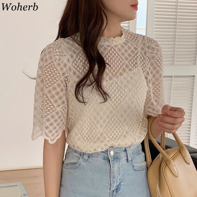 Clothes for Women Blouses Sweet Stand-up Collar Lace Hollow Crochet Floral Blusas Short Sleeve Chic Shirt Korean Tops 210519