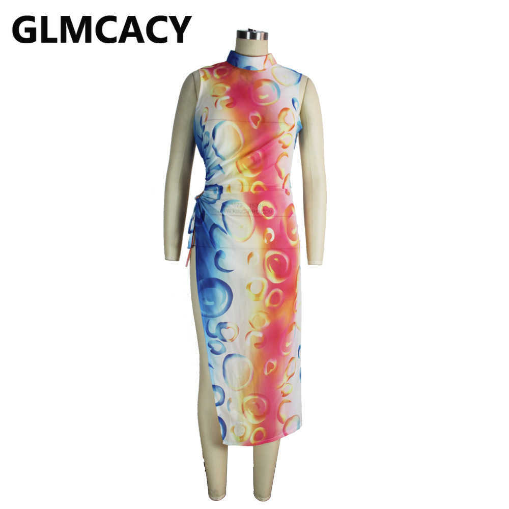 Women O-neck Sleeveless Tie Dye Printed Slit Bodycon Dress 210702