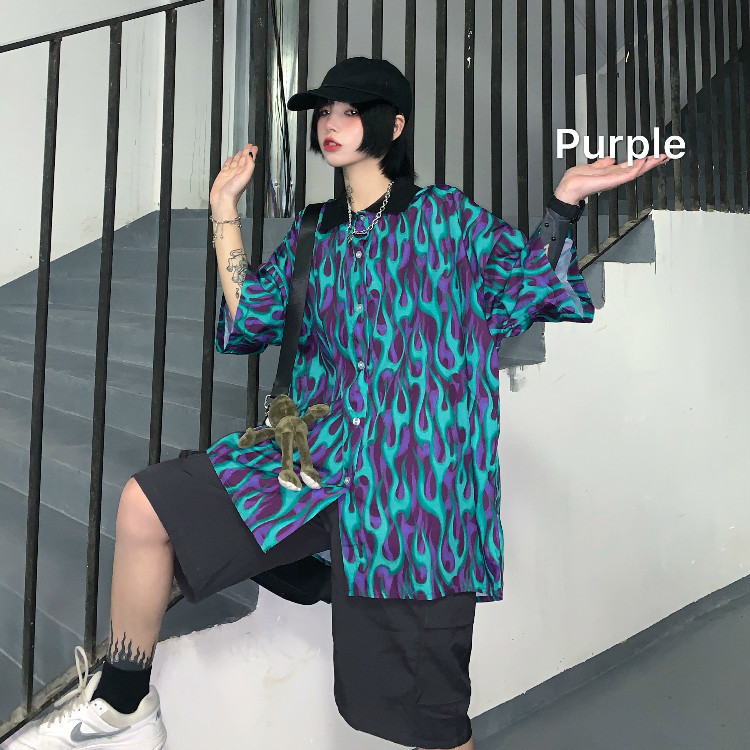 Woherb Streetwear Flame Print Women Men Blouse Shirts Summer Short Sleeve Turn Down Collar Hit Color Loose Harajuku Blusas 210317