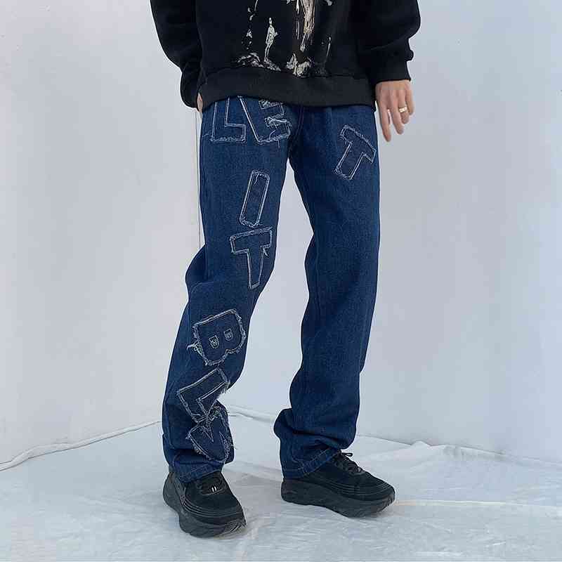 IEFB Spring Men's Denim Trousers High Street Washed Jeans For Men Vintage Letter Patchwork Straight Pants Hip Hop Y5725 210524