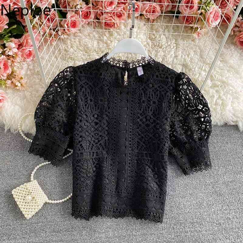 Neploe Blusas Mujer De Moda Vintage Puff Sleeve Blouses Hollow Out Crochet Floral Crop Tops Korean Summer Elegant Shirts 210422
