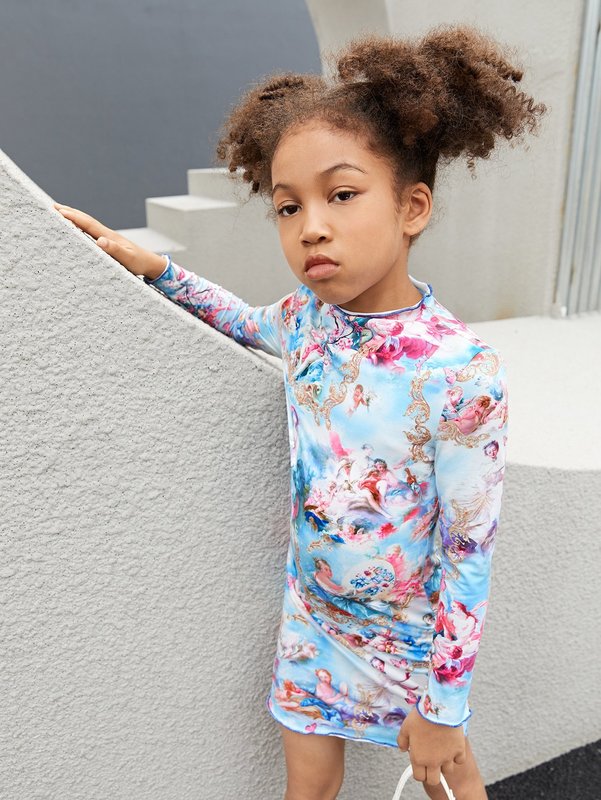 Girls 1pc Figure And Floral Print Lettuce Trim Dress SHE