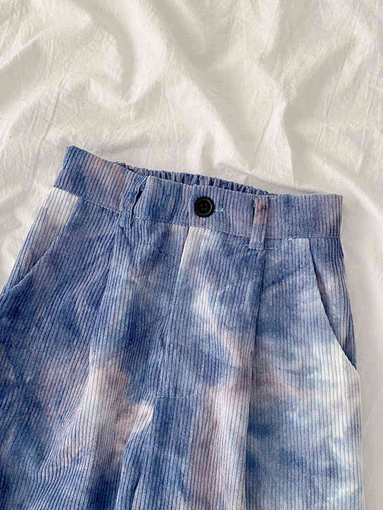 Nomikuma Corduroy Causal Women Pants Korean Tie Dye Printed Long Trousers Spring Autumn New Wide Leg Pants Mujer 6E101 210427