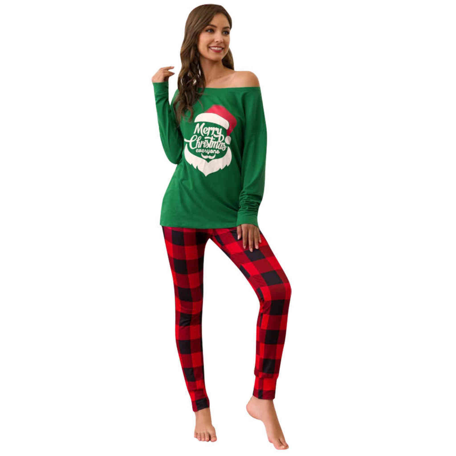 Merry Christmas Women Winter Pajamas Set Cotton Sleepwear Long Lattice Pants + Xmas Print Pyjamas Women Clothes Pajama Plus Size 211109