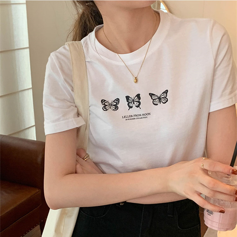 4colors summer korean style Butterfly print Slim short sleeve crop top for womens t-shirts womens tee shirt femme (X1822) 210423
