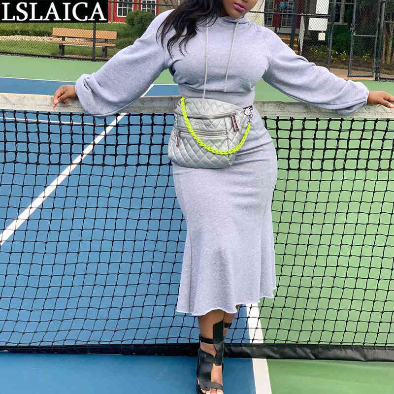 Two Piece Set Women Midi Skirt and Top Plus Size Casual Solid Female Outfits Autumn Hooded Crop Fashion Streetwear 210520