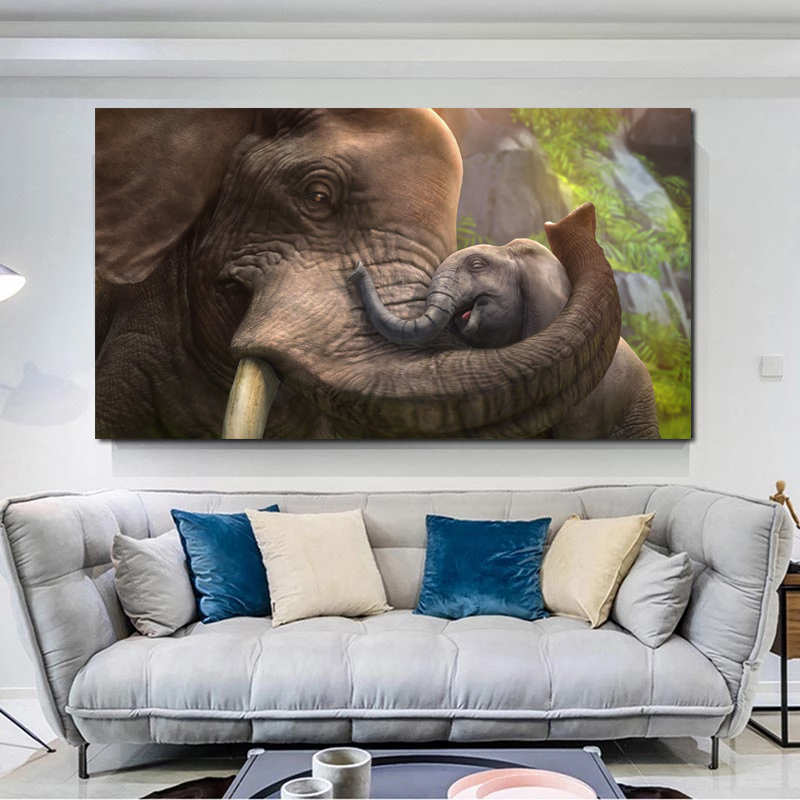 Elephant Mother And Sun Poster Canvas Painting Wall Art Pictures For Living Room Animal Prints Home Decor Indoor Decorations