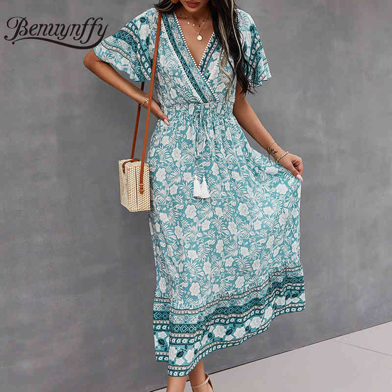 Surplice Neck Bohemian Print Short Sleeve Dresses Women Summer Vacation Boho Casual Tassel Tie Waist Swing Long Dress 210510