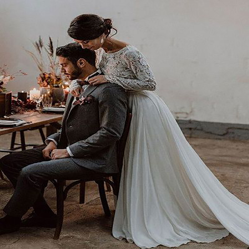 Civil Two Piece Boho Wedding Dress 2024 Crop Top Chiffon Summer Beach Long Sleeve Bride Dresses Floor Length Bohemian Country Bridal Gown Greek Vestio