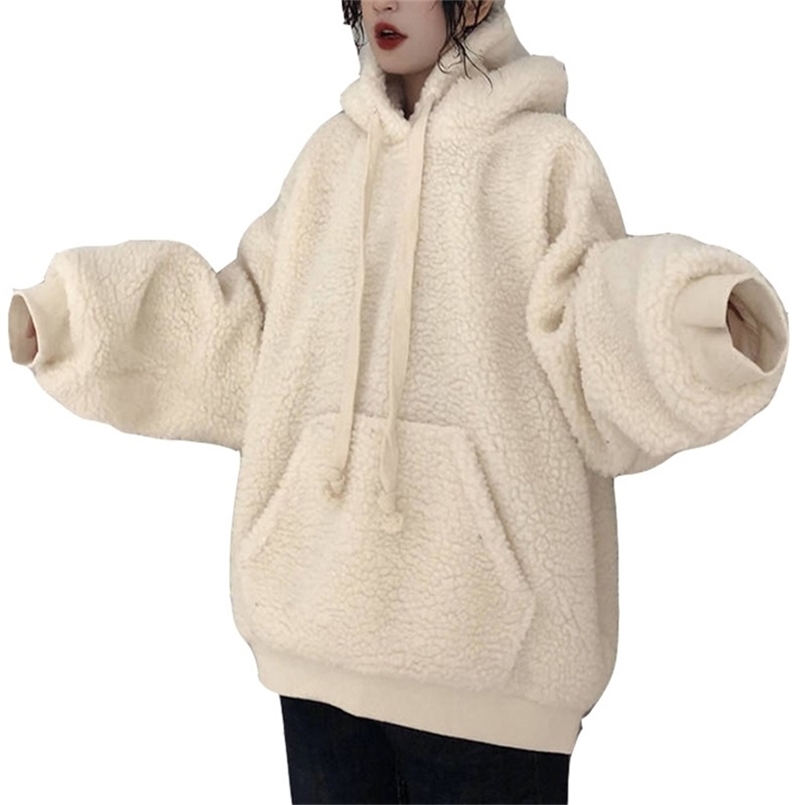 Winter Lamb Plush Warm Ladies Pullover Solid Color White Plus Velvet Thickening Casual Loose Lantern Sleeve Women Hoodie 210809