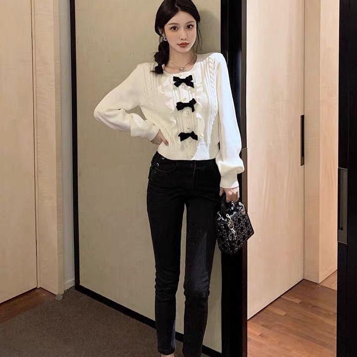 Nomikuma Korean Short Women Knitwear Coat Sweet Bowknot Knitted Cardigan Autumn Winter New Long Sleeve Sweater Jacket 6D108 210427