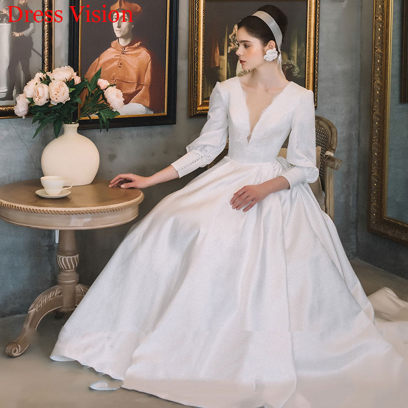 Wedding Dresses Vestidos De Novia Robe De Marie Satin Long Sleeves V-neck Sweep Train, White
Wedding Dresses Vestidos De Novia Robe De Marie Satin Long Sleeves V-neck Sweep Train, White