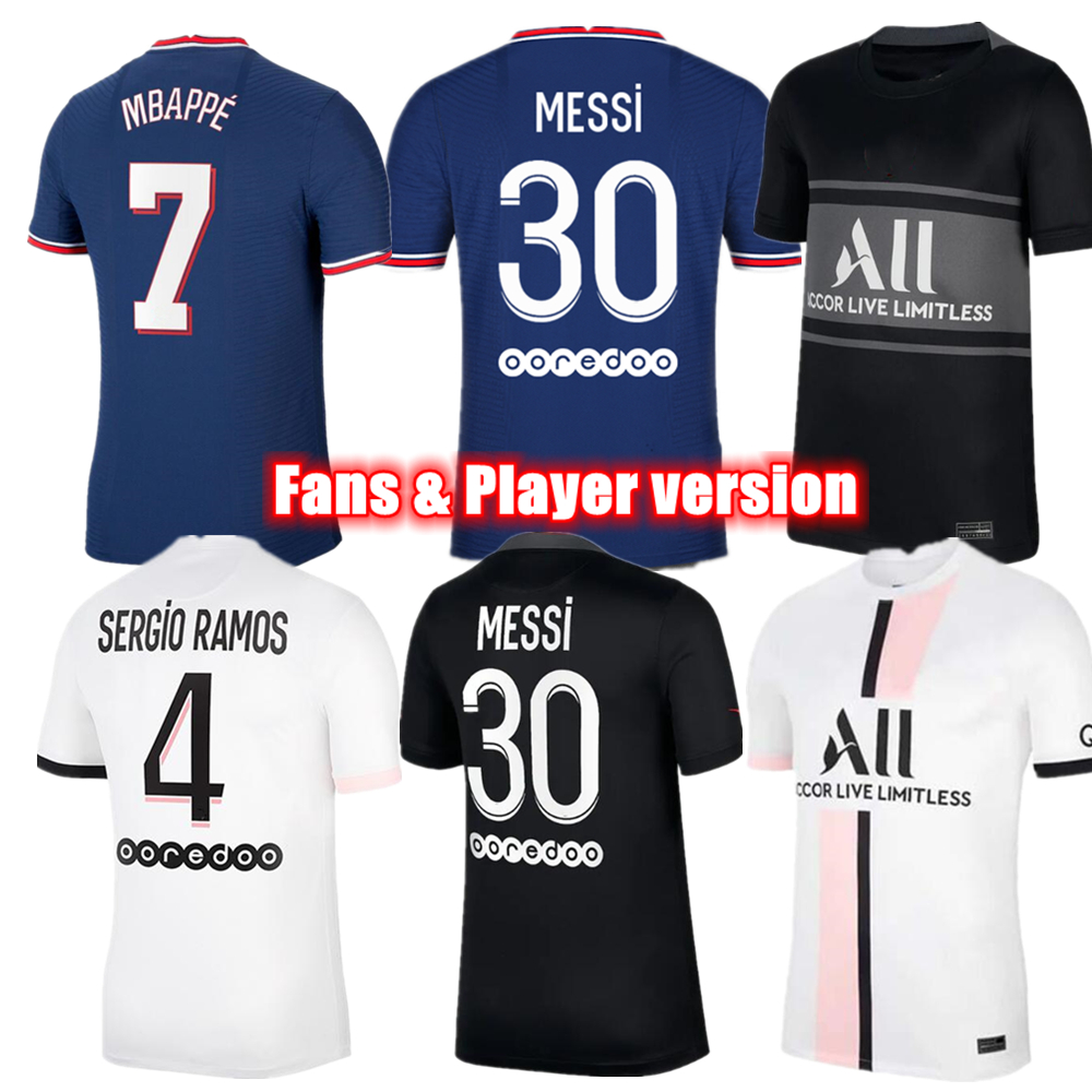 MESSI MBAPPE Player version soccer jerseys 2021-22 SERGIO RAMOS VERRATTI HAKIMI DI MARIA football shirts 4th purple 18 19 Black & white kit Men+ kids