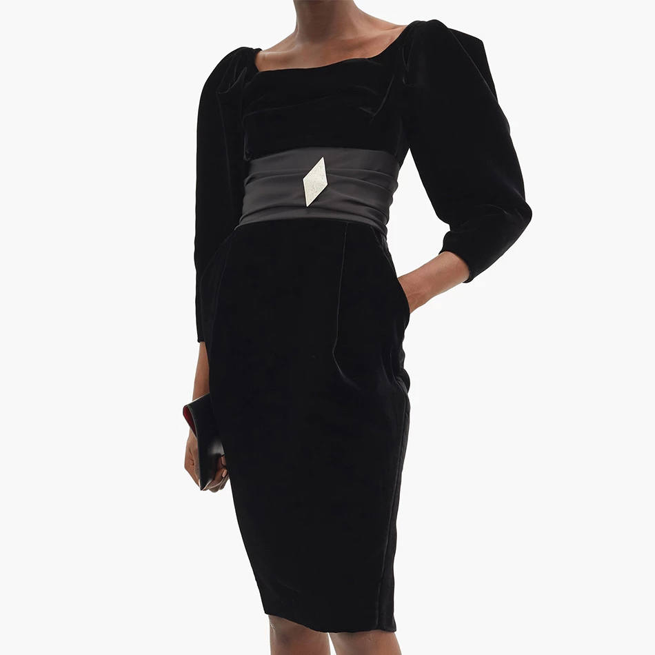 Free Chic Velvet Dress Women's Off Shoulder Puff Sleeve Diamond Button Celebrity Club Party Black 210524