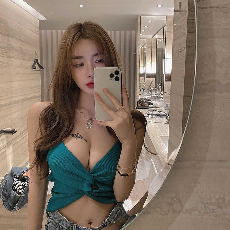WOMENGAGA women sexy short low-cut vest cross V-neck nightclub party mini tank top black D3DV 210603