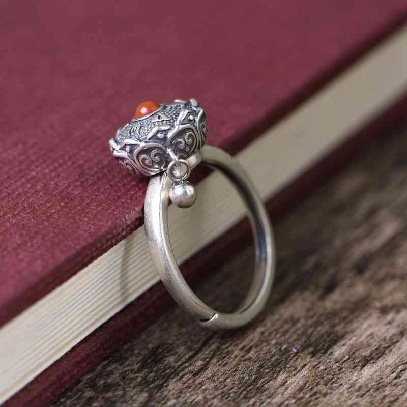 Golden Deer King S925 Silver Craft Ring Women's Six Character Mantra Turning Cylinder