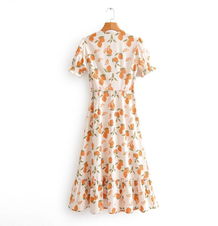 France style Fruits Floral Short Sleeve Wrap Dress V neck Lace Up Knot Midi Vintage Print Mid Calf Vacation es Women 210429