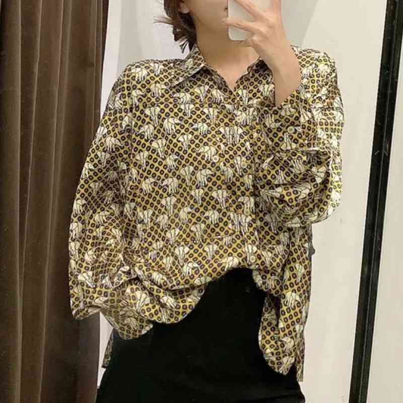 Spring Women Elephant Print Loose Shirt Femme Turndown Collar Long Sleeve Blouse Casual Lady Tops Blusas S8101 210430