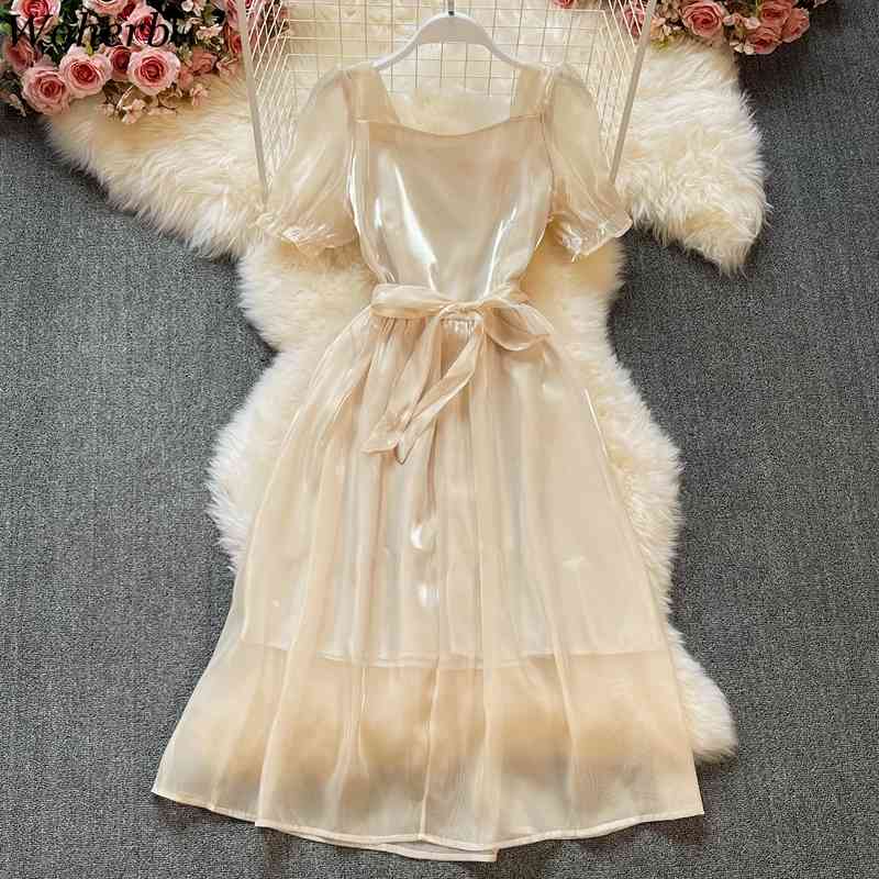 Summer Robe Women Dress Korean Square Collar Puff Short Sleeve Bandage Slim Waist Vestidos Elegant Vintage Dresses 210519