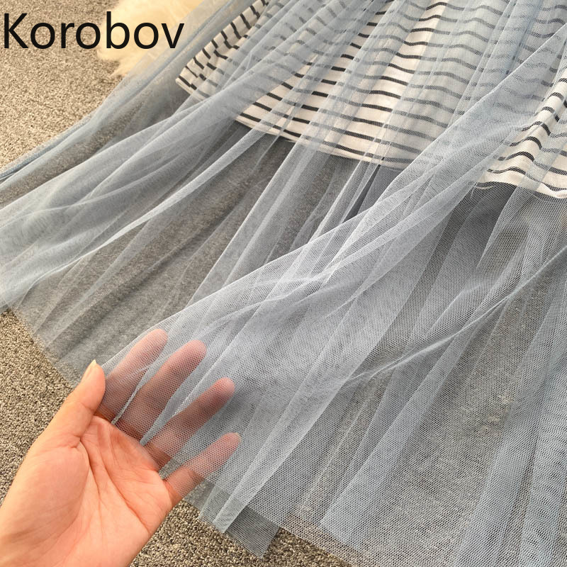 Preppy Style Suit Two Piece Set Women Striped Long Tshirt Sling Gauze Dress Femme Roupas Chic Sweet 2 210519