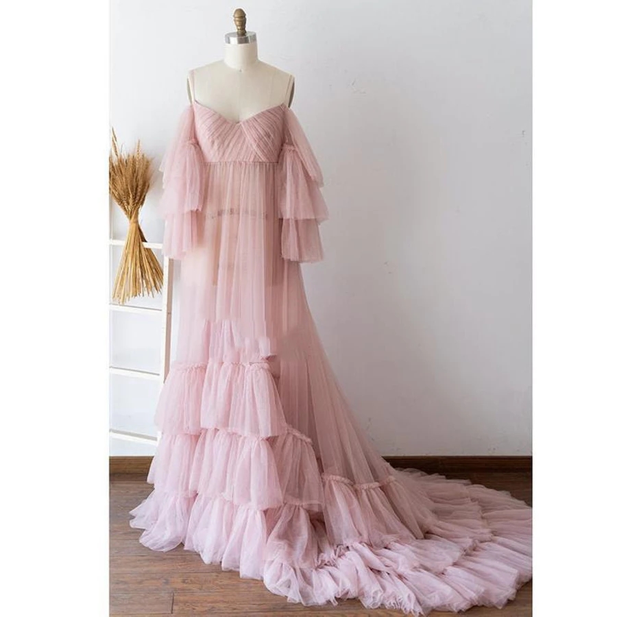 Pretty Blush Pink See Thru Tulle Prom Dresses Ruffles Tiered A-E Evening Gowns Puff Full Sleeves Women Long Robe Plus Size 322 Lz0304
