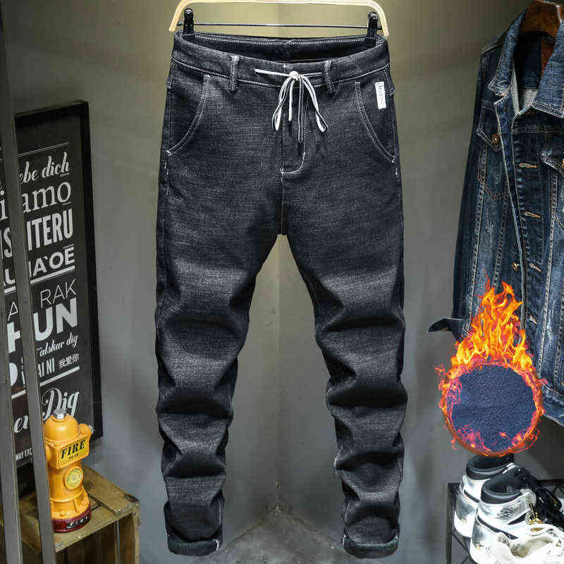 Plus Size 7Xl-10Xl Men's Winter Jeans: Warm Fleece Thick Harem Pants For Casual Streetwear
