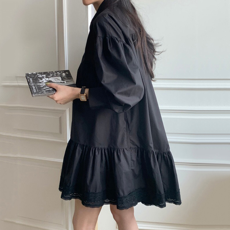 SHENGPLLAE Elegant Lace Spliced Dress Women's Spring Peter Pan Collor Loose Single Breasted Long Sleeve Mini Dresses 210427