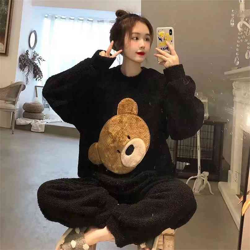 Pajamas for Women Winter Flannel Long-sleeved Sleepwear Coral Fleece 2-piece Home Service Cartoon Nightgown Plus Size Lingere 210924