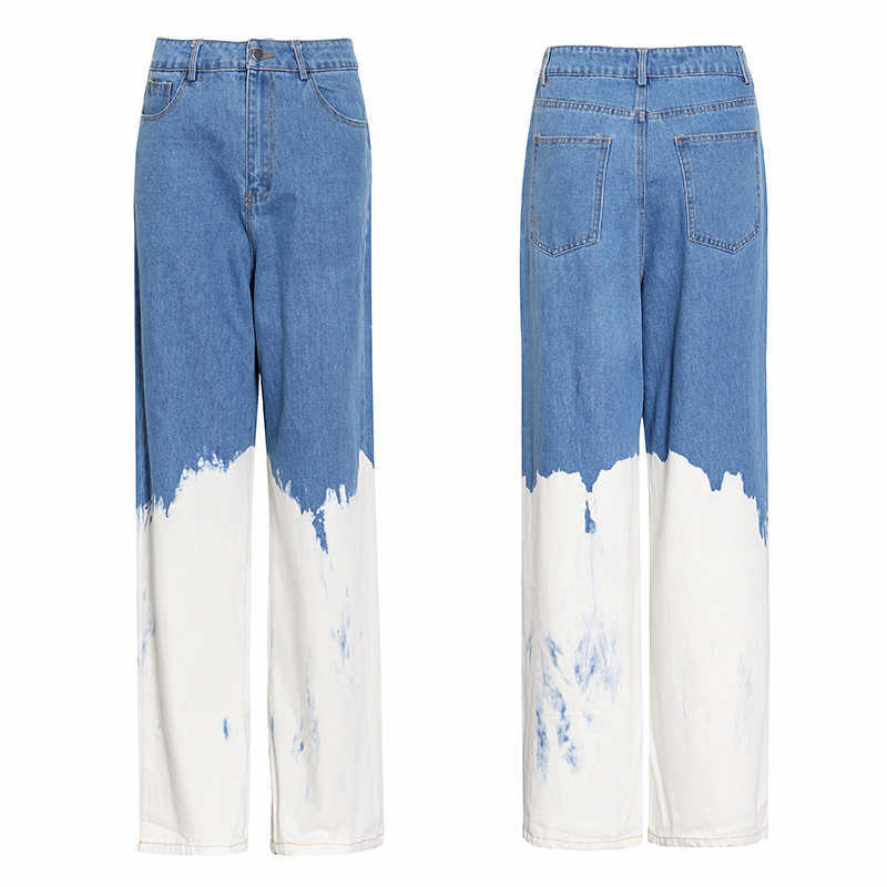 TWOTYLE Casual Loose Painted Women Full Length Jeans High Waist Hit Color Asymmetrical Denim Wide Leg Pants For Female 210809