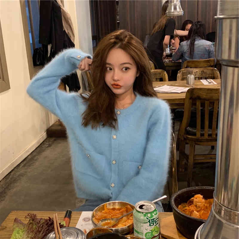 Elegant Cashmere Cropped Cardigan Knitted Sweater Coat Women Kawaii Ladies Streetwear Button Up Solid Kardigany Damski 210519