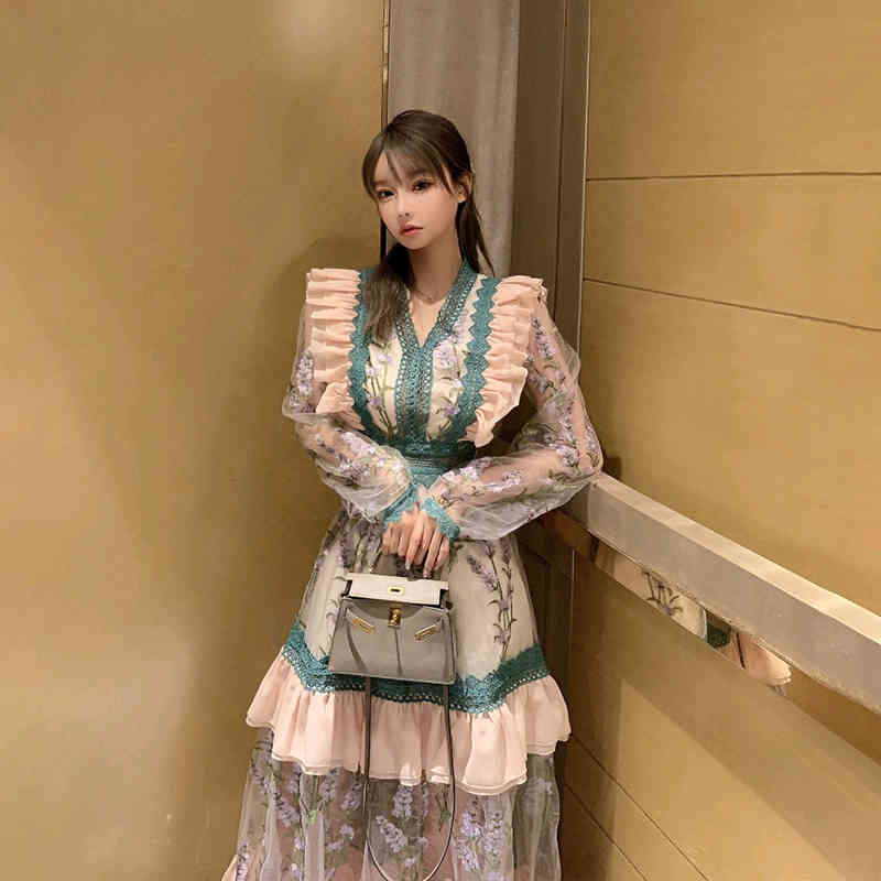 Summer French VNeck Style Dress Female Embroidery Stitching Retro Long Bohemia Fashion Hollow Out Mesh Vestidos 210506
