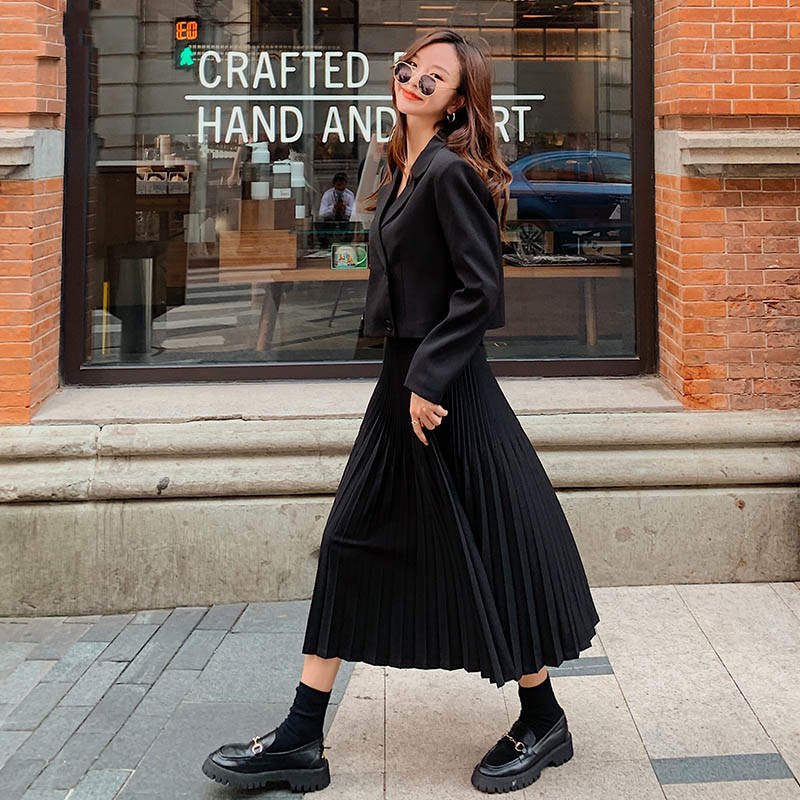 Skirt Sets Korean Chic OL Two Piece Women Crop Top Casual Blazer Coat Pleated Long Suits Female 2 210510
