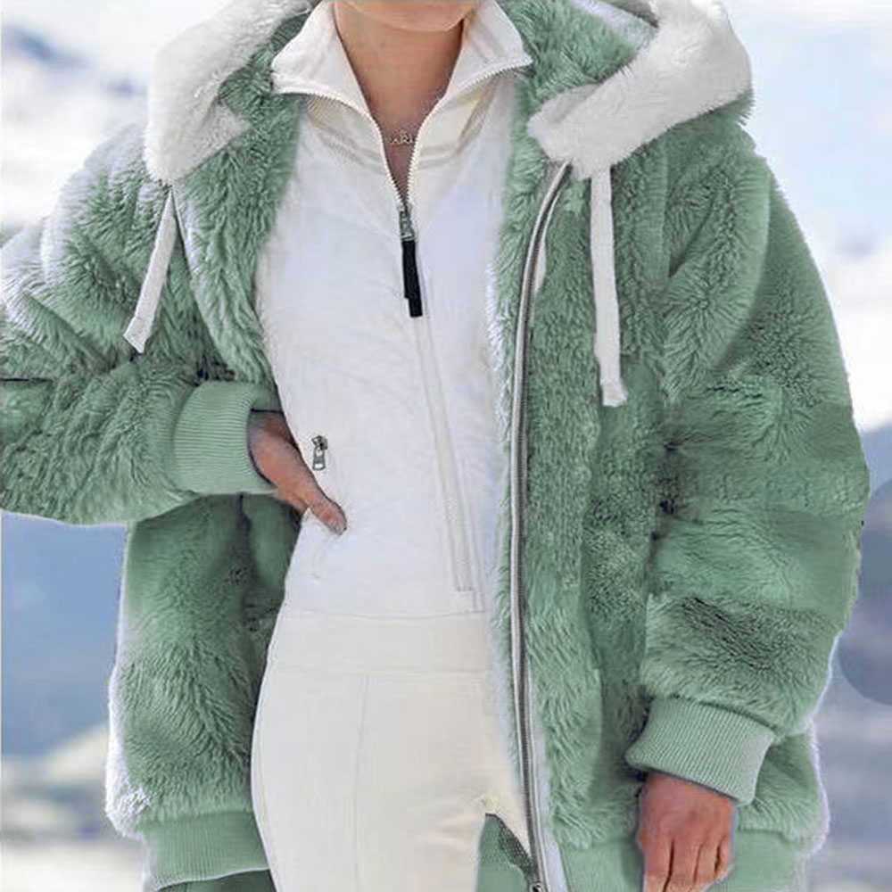 For Women's Winter Hooded Jacket Fashion Cardigan Zipper Casual Loose Solid Color Plush Long Sleeve Warm Fur Cotton Clothes 211019