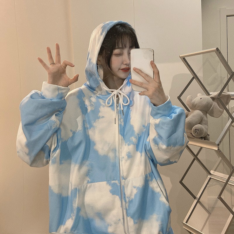 Nomikuma Women Tie Dye Sweatshirt Hooded Coat Causal Long Sleeve Zipper Korean Jacket Autumn Winter Fleece Hoodies 6D286 210427