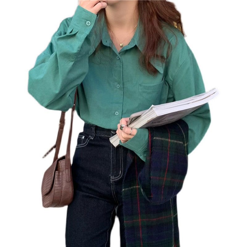 Spring Korea Fashion Women Long Sleeve Loose Green Shirts All-matched Casual Turn-down Collar Solid Blouses Tops V258 210512