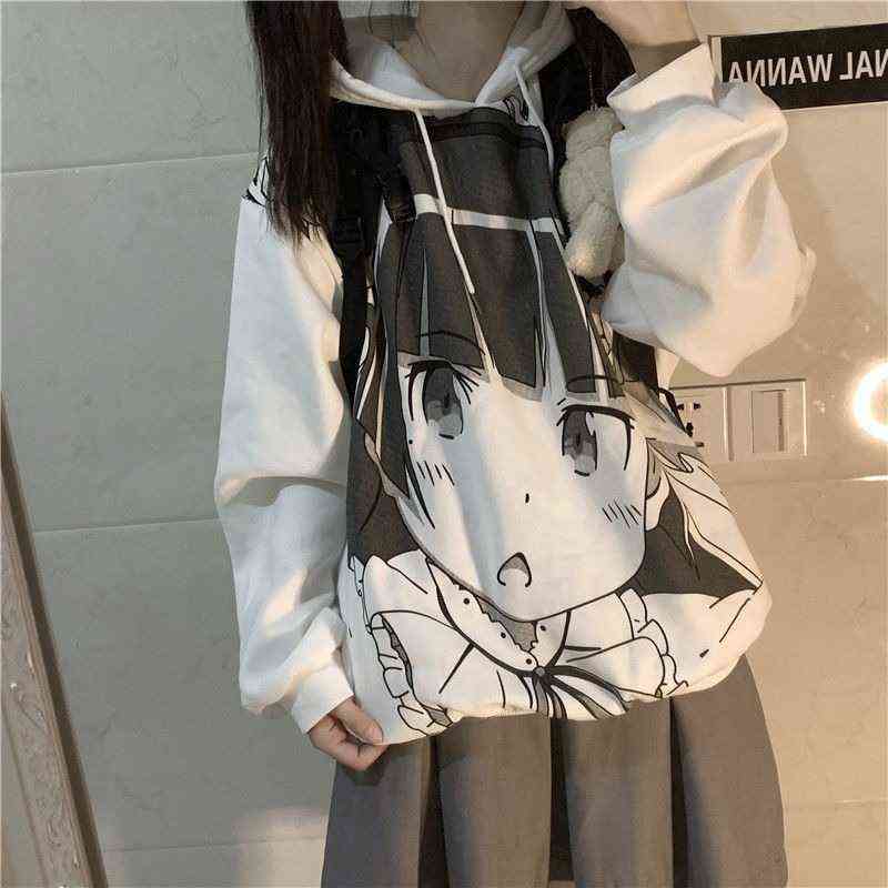 QWEEK Anime Sweatshirt with Print Spring Women Japanese Harajuku Manga Kawaii Cute Hoodies Streetwear Women White Tops 211108