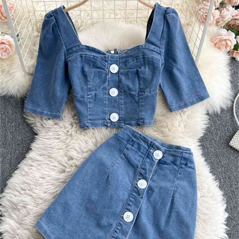 DEAT Women Square Collar Open Navel Versatile Shirt High Waist A-line Shorts Two Piece Set Fashion Spring Summer 11B358 210709