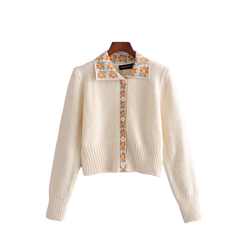 Casual Woman Flower Patchwork Knitted Cardigan Fashion Ladies Autumn Soft Beige Sweater Female Chic Long Sleeve Tops 210515