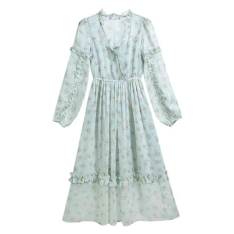 Summer Casual Long Sleeve Chiffon Women Floral Dress Green V Neck Ruffles Maxi Dresses Plus Size Two-piece Suit Female Robe 210521