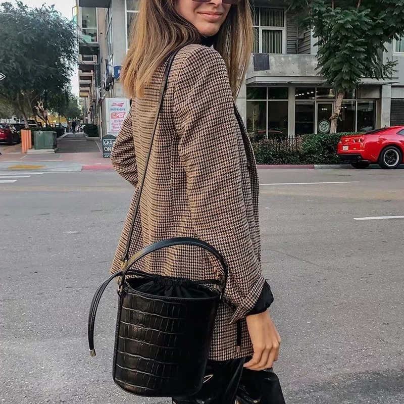 elegant women plaid brwon blazer jackets fashion ladies chic long suits casual female streetwear girls vintage 210527