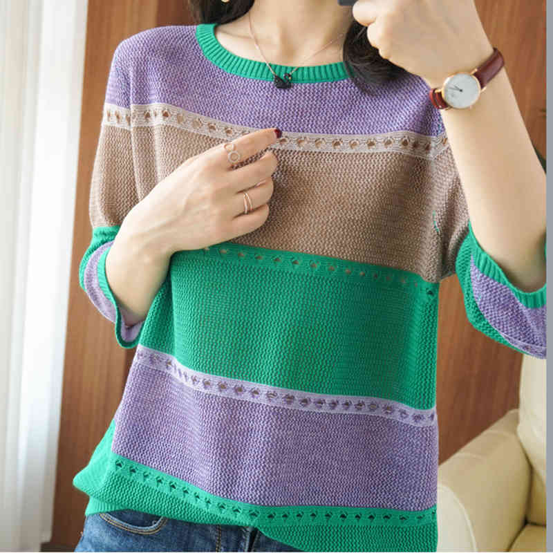 Lucyever Women's Autumn Winter Striped Sweater Colorful Patchwork Loose Pullovers Women Plus Size 3X Casual Knitwear Tops Jumper 210521wtt