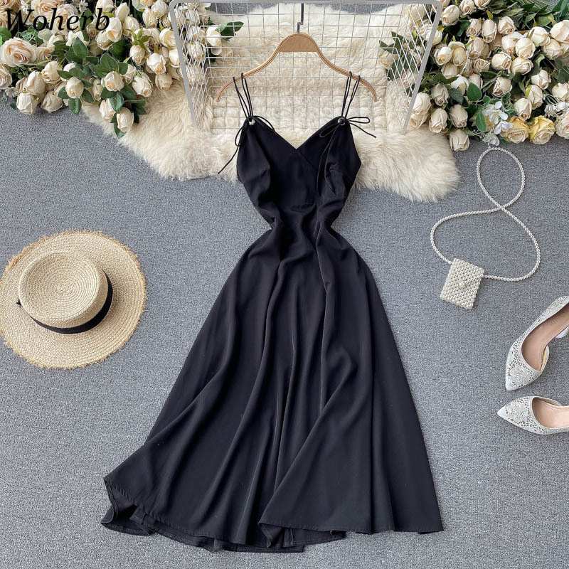 Women Sexy Backless Dress Korean V Neck Sleeveless A-line Dresses Off Shoulder Lace-up Vestidos Mujer Summer Elegant Robe 210519